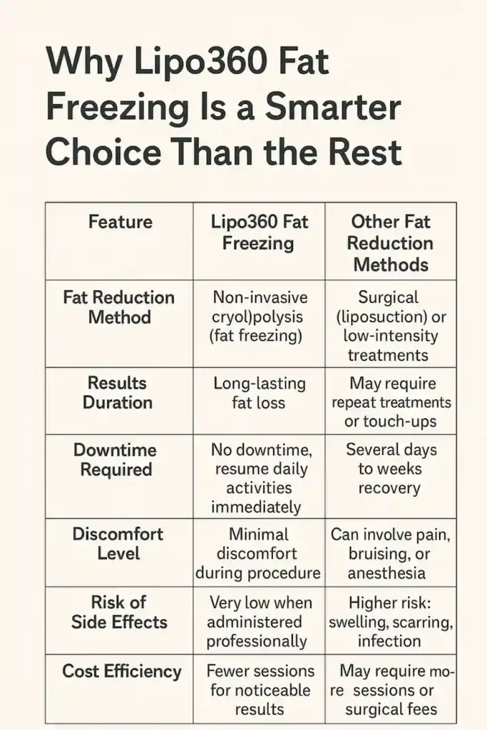 Table showing benefits of fat freezing to remove fat cells Witley from Lipo 360